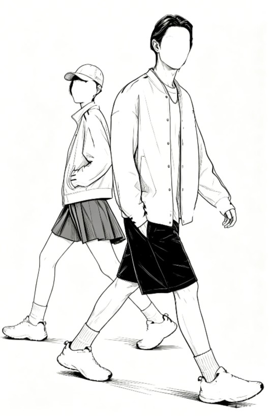 双人男女人物呈同步行走姿态