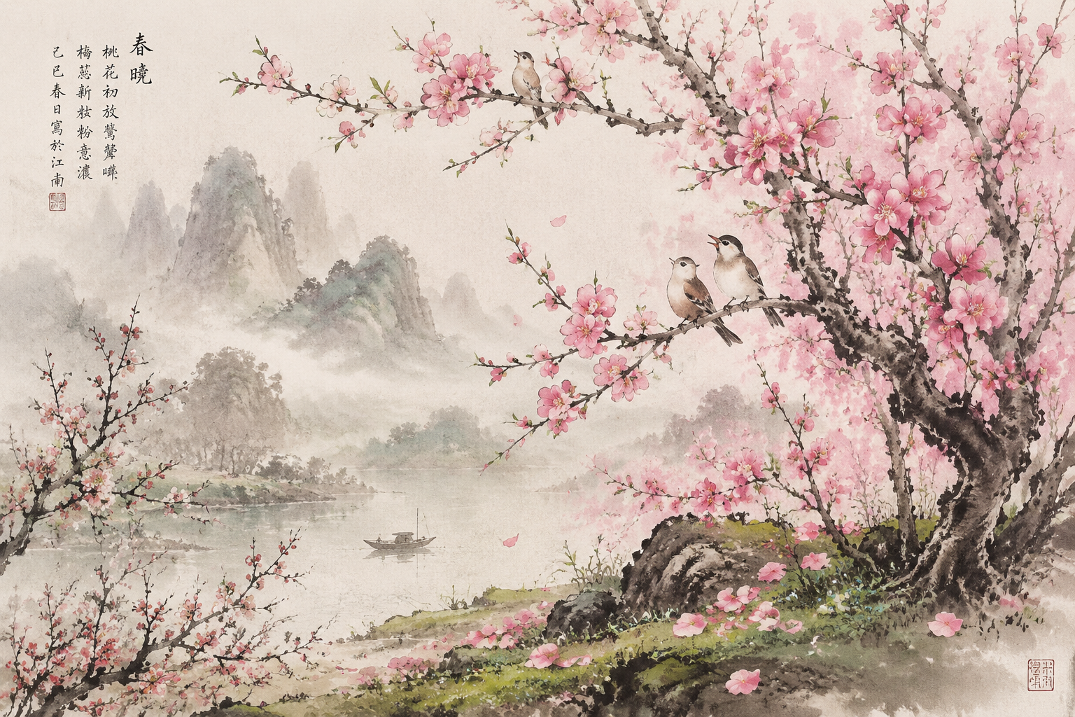 《春晓》孟浩然诗词意境水墨配图