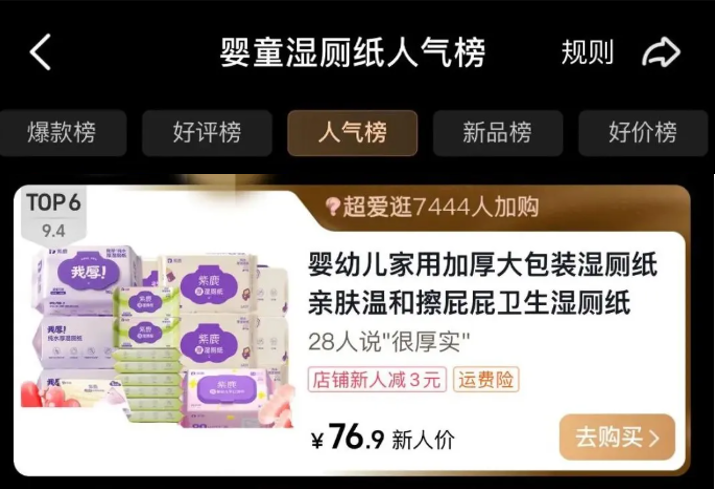 紫鹿厚湿厕纸再次荣登抖音人气榜:凭 90g “厚道” 品质突围